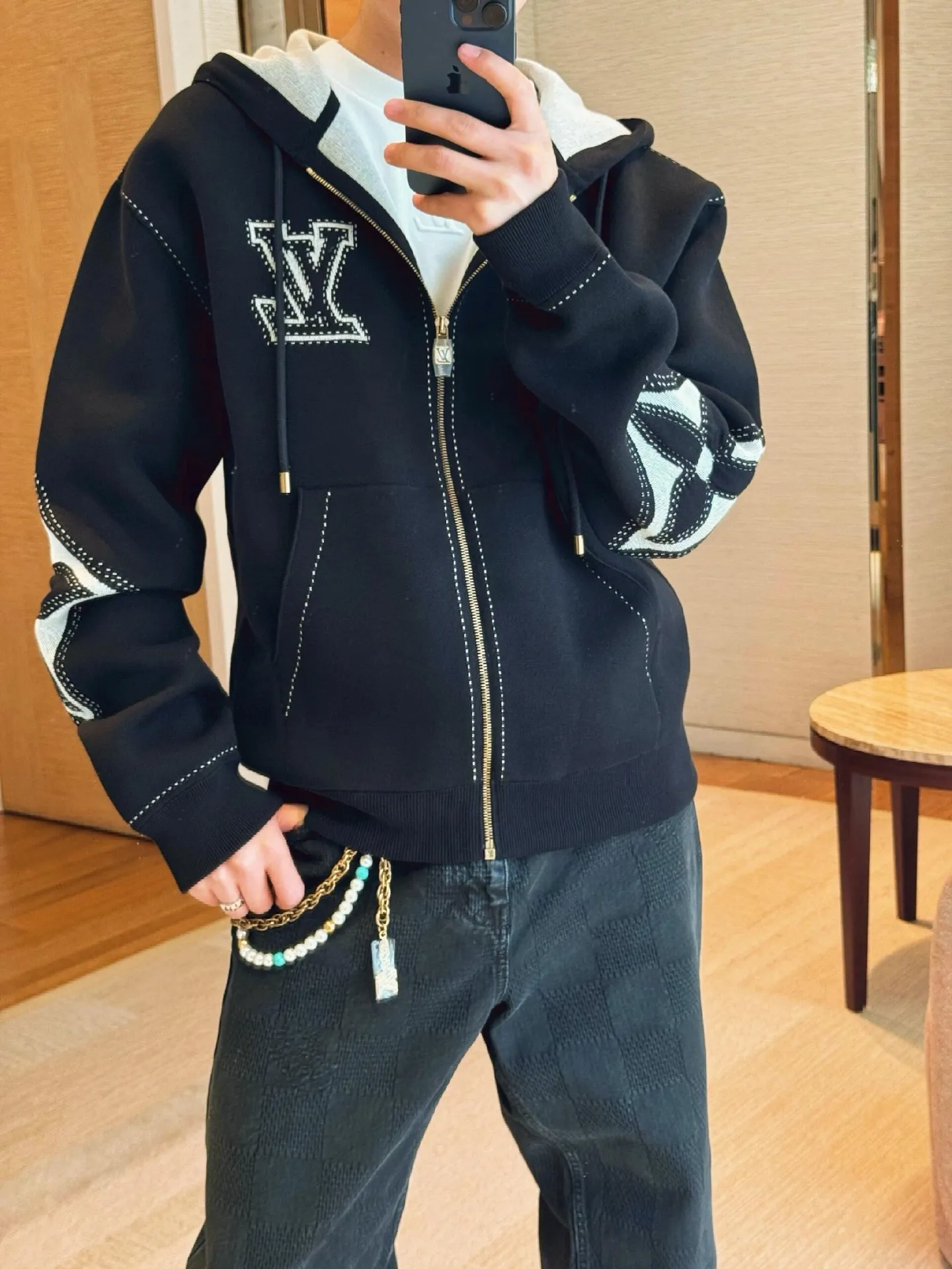 Louis Vuitton/Louis Vuitton intarsia jacquard logo cotton blend hooded jacket